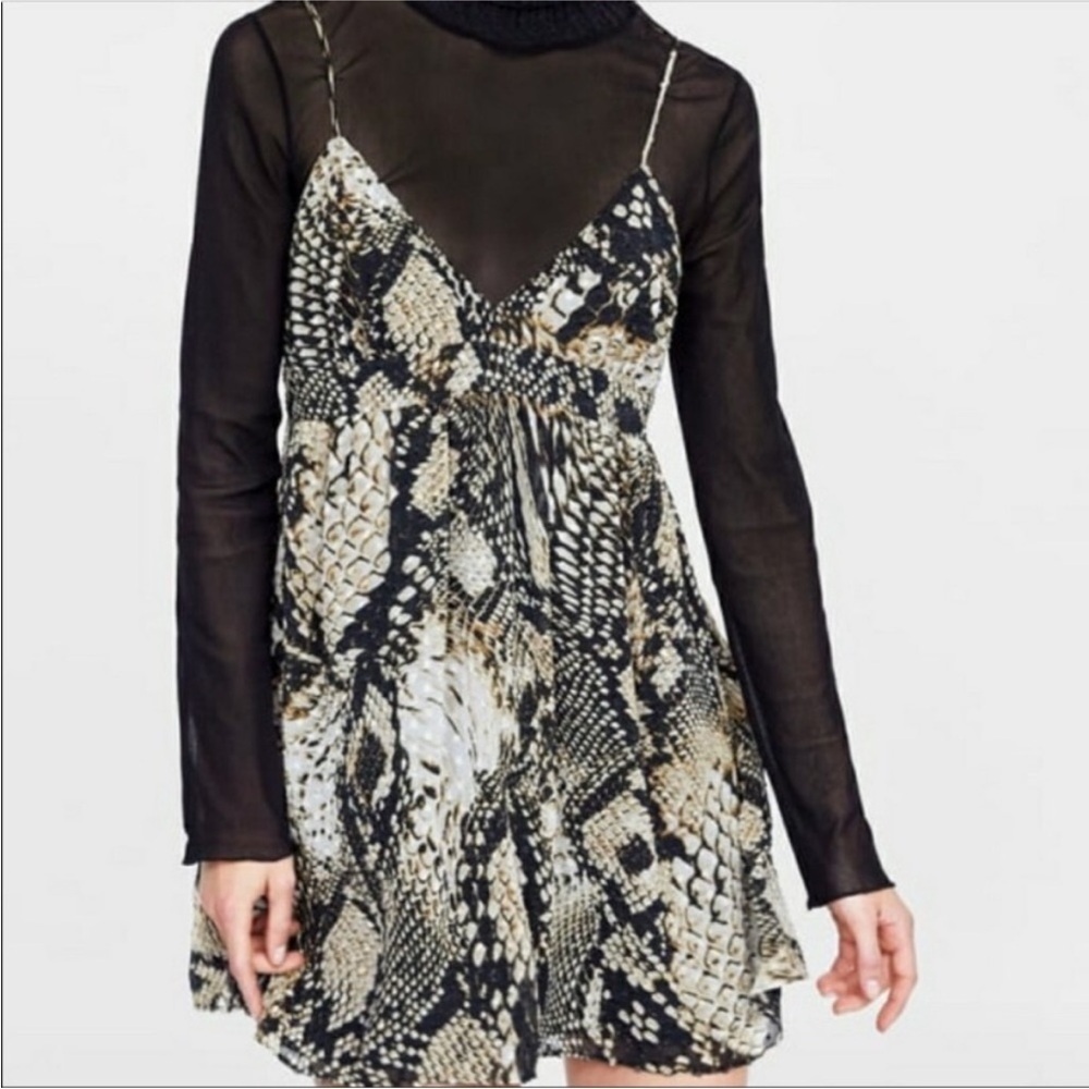 ZARA Plumetis Snake Print Mini Dress Lined Spaghetti Strap Size S Black Gold - Picture 1 of 12